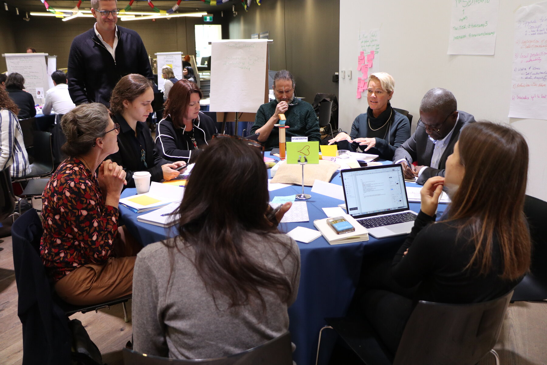 A hall in Toronto full of round tables, each with seven or eight people leaning in over notes and laptops, flipcharts standing between them