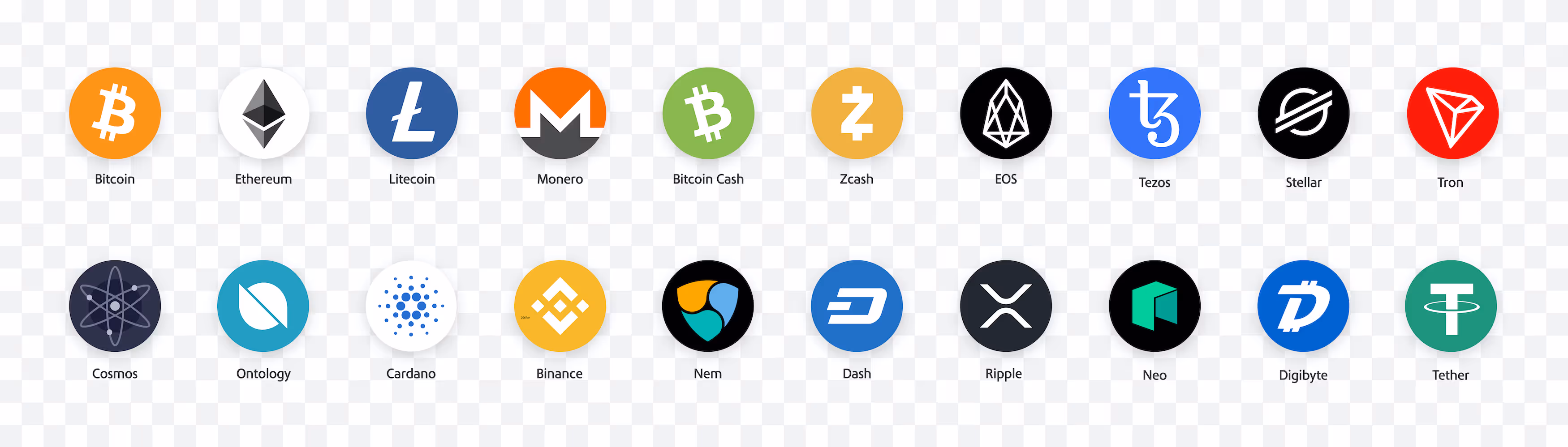 Logos for 20 different crypto currency brands, including bitcoin, ethereum, litecoin, monero, bitcoin cash, zcash, EOS, tezos, stellar, and tron.