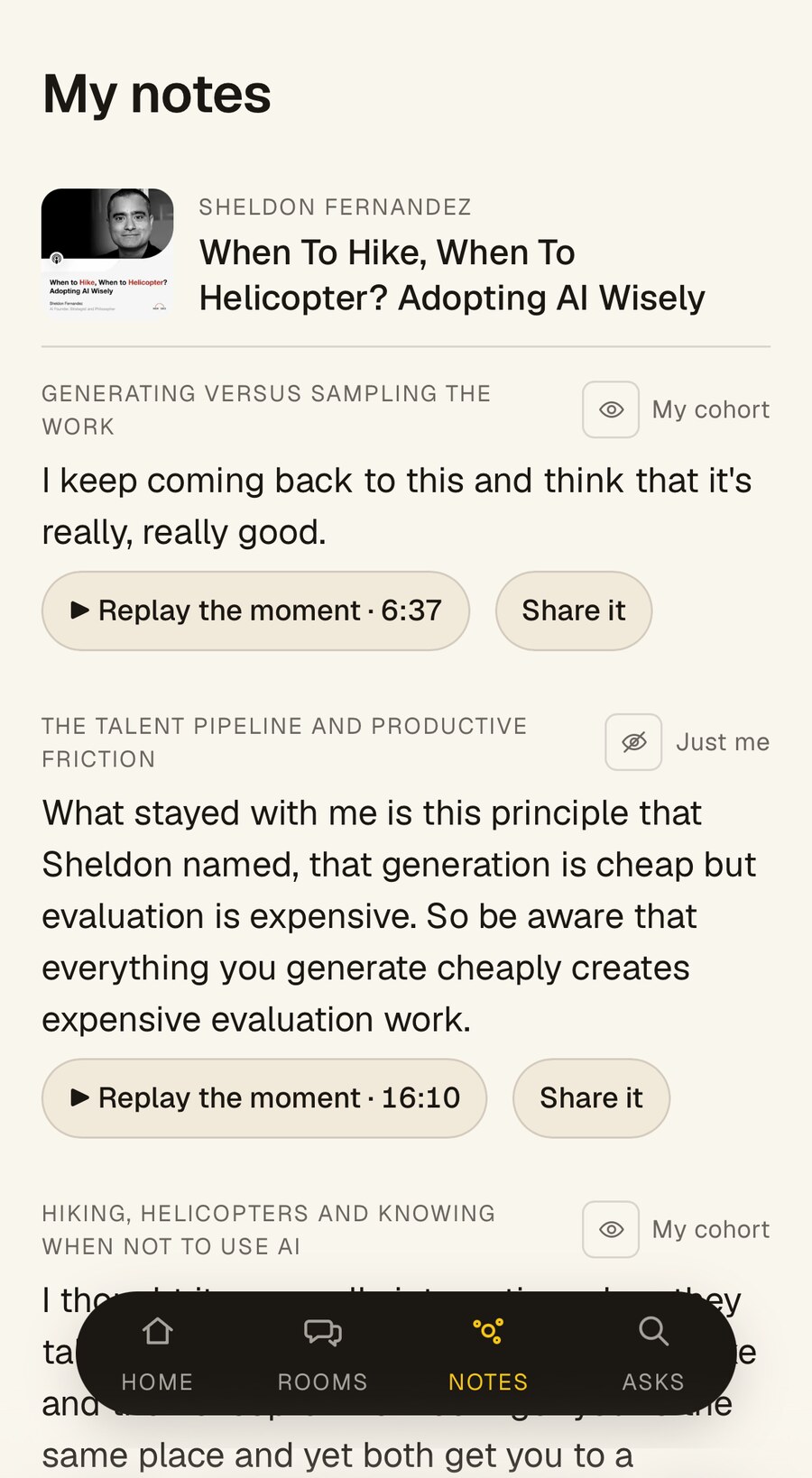 The app’s My notes screen: notes taken while listening, each with a moment to replay and a choice to share it with the cohort or keep it private